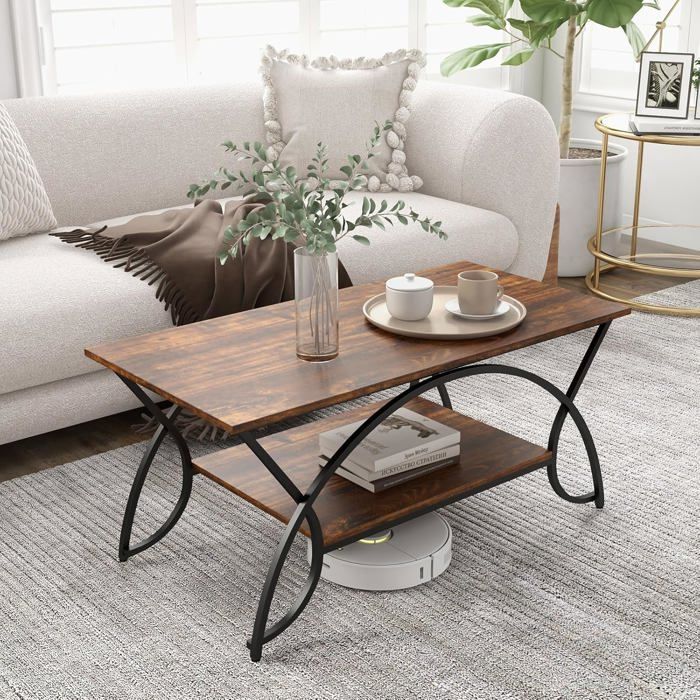 GOPLUS Table Basse Marbre Gris 2 Niveaux - Table Salon Moderne Rectangulaire Avec Étagère, Charge 50kg+20kg