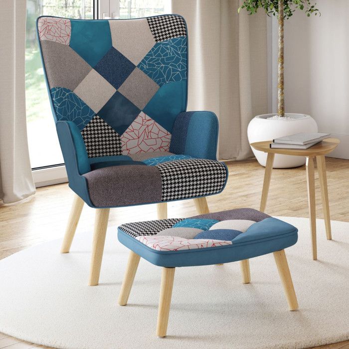 IDMARKET Fauteuil scandinave IVAR avec repose pieds en tissu patchwork et velours bleu IDMARKET Fauteuil scandinave IVAR avec repose pieds en tissu patchwork et velours bleu