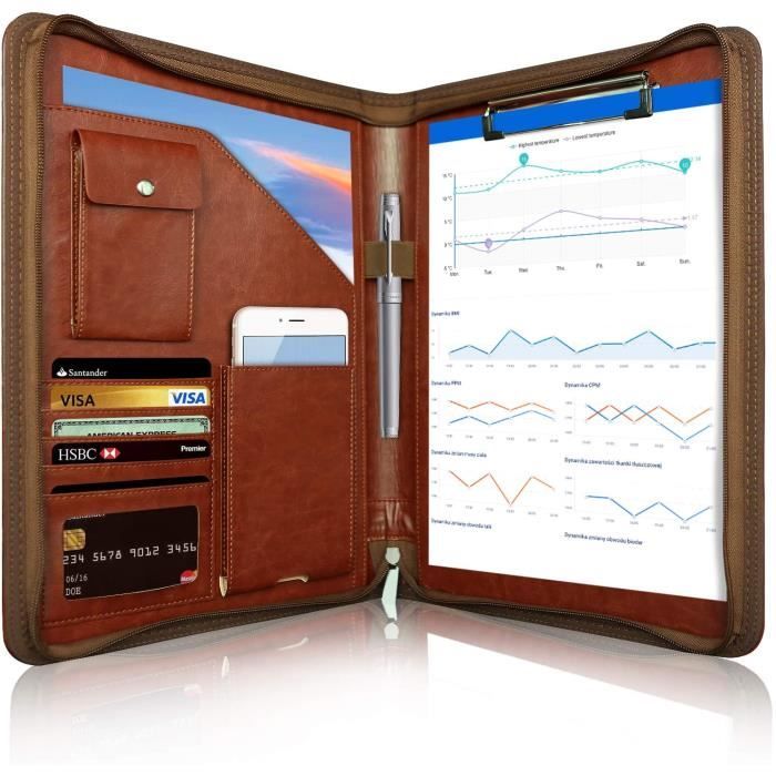Porte Documents UCAMP A4 | Cuir PU Noir | Portfolio Professionnel | Avec Calculatrice Et Accessoires