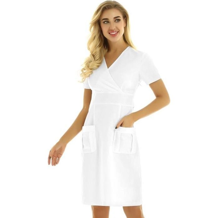 Femme Blouse Medicale À Manches Courtes Robe avec Poche Uniforme Infirmiere 