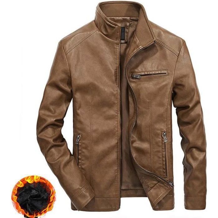 Blouson en Cuir Homme Automne Hiver Chaud Plus Velours Mode Casual Couleur  unie Col montant Veste en Cuir PU Marque Veste Homme