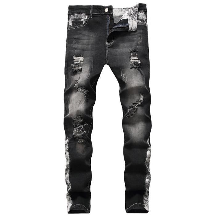 Jeans Hommes de Marque Luxe skinny stretch avec déchirures Grande VêTements Masculin Noir XH165