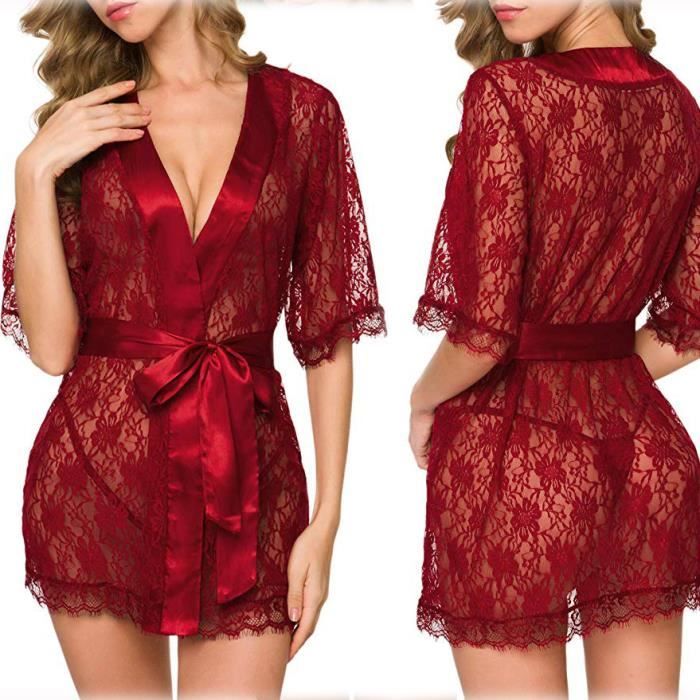 Chemise de Nuit Femme Nuisette avec G-String Dentelle Robe de Nuit Col V  Vêtements de Nuit Lingerie Pyjama Transparente Rouge vif Rouge vif -  Cdiscount Prêt-à-Porter