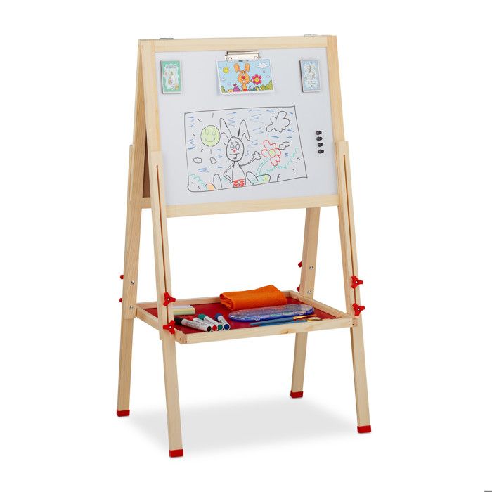 Relaxdays Tableau droit enfant blanc et pour craie réglable en hauteur chevalet en bois 102-135 x 55 x 52 cm nature