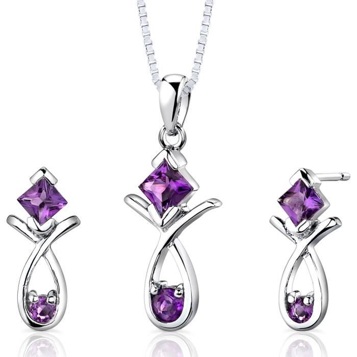 Parure Bijoux Argent Massif Poinçonné Avec Améthyste - Plaqué Or 18 Carats - 56.6 Grammes