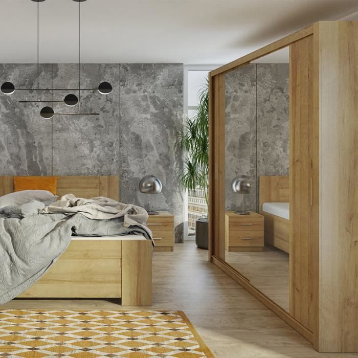 Armoire portes coulissantes RINKER 200 cm or chêne avec miroir