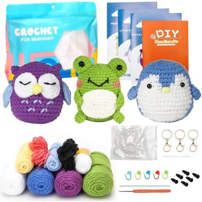 QENWKXZ Kit de crochet complet 4 pièces pour débutants - Kit de tricot chenille - Adorable animal - Kit