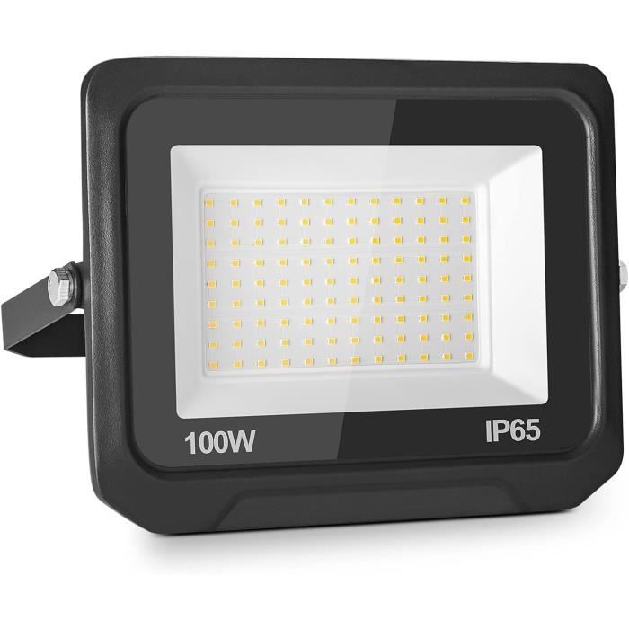Projecteur LED 100W 10000LM Blanc Chaud 3000K - Étanche IP65, Verre Trempé, Extérieur Pour Jardin, Terrasse, Entrée, Garage, Sécurité