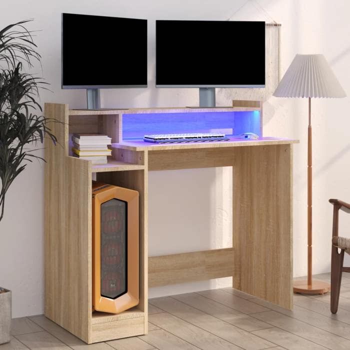 vidaXL Bureau avec Lumières LED Table dOrdinateur Bureau dEcriture Table dEtude Informatique Chêne Sonoma 97x45x90 cm 805555
