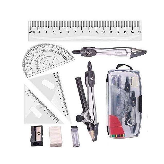 Kit Géométrie 10 Pièces - Compas, Règles, Rapporteur, Crayon Pour Élèves, Dessin Technique