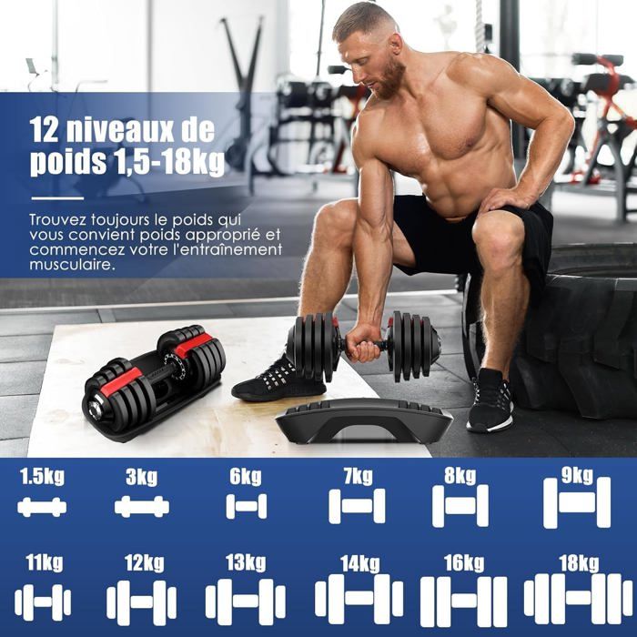 Haltère Réglable SPORTNOW 3,5-10 Kg – Poignée Antidérapante, Plateau De Rangement, Acier Robuste