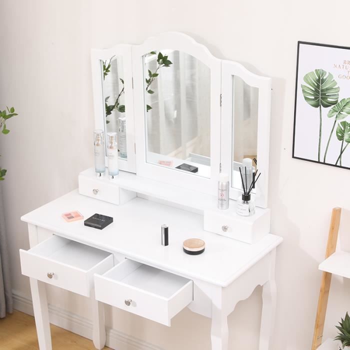 Elettra Coiffeuse table de maquillage d'angle 3 Miroirs à LED tabouret