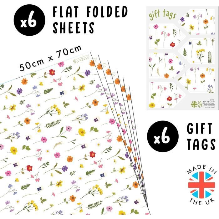 Papier Cadeau Floral Central 23 - 6 Feuilles Roses Blanches Avec Étiquettes - Recyclable UK