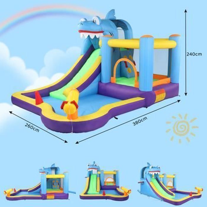 Château gonflable avec ventilateur 550 W - Parc aquatique d'extérieur multifonction avec sacs de boxe, piscine