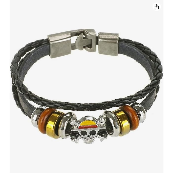 Bracelet Tressé En Cuir Noir One Piece Luffy - Cosplay & Accessoire Fan - Neuf