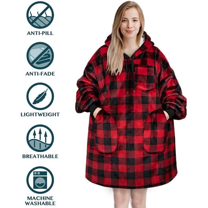 Sweat a Capuche pour Femme Homme Surdimensionne Couverture Portable en Peluche Pull a Capuche avec Poche Carreaux Rouge Cdiscount