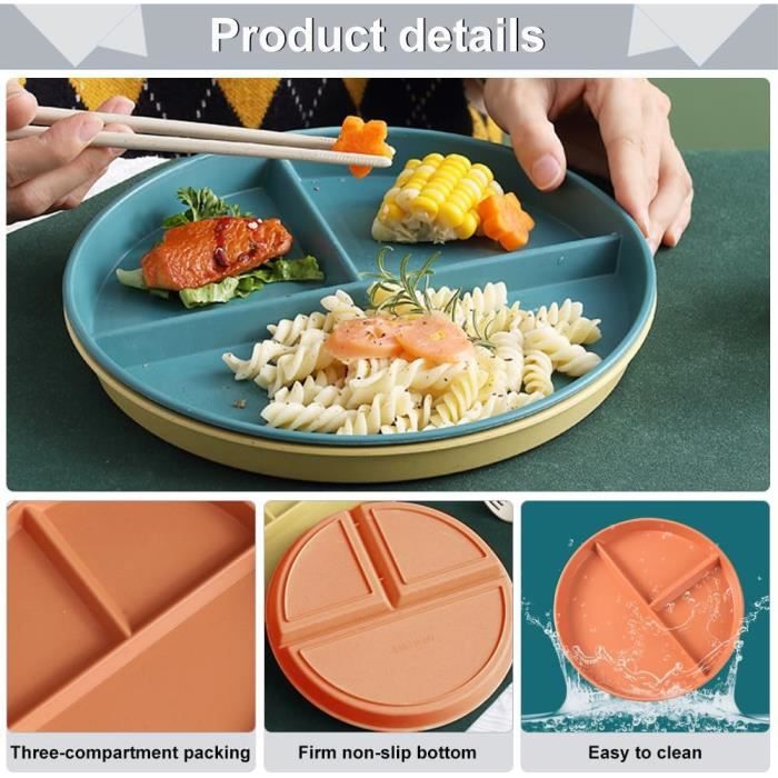 Lot 2 Assiettes Compartimentées Céramique Adulte – 3 Sections, Jaune Crème & Vert Crème, Idéales Repas Séparés, Enfants & Adultes