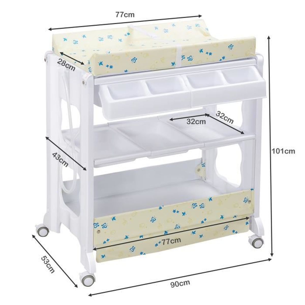 Costway Table A Langer Avec Baignoire A Roullette Avec Matelas Tuyau De Vidange 2 Etageres De Rangement 4 Compartiments Blanche Cdiscount Puericulture Eveil Bebe