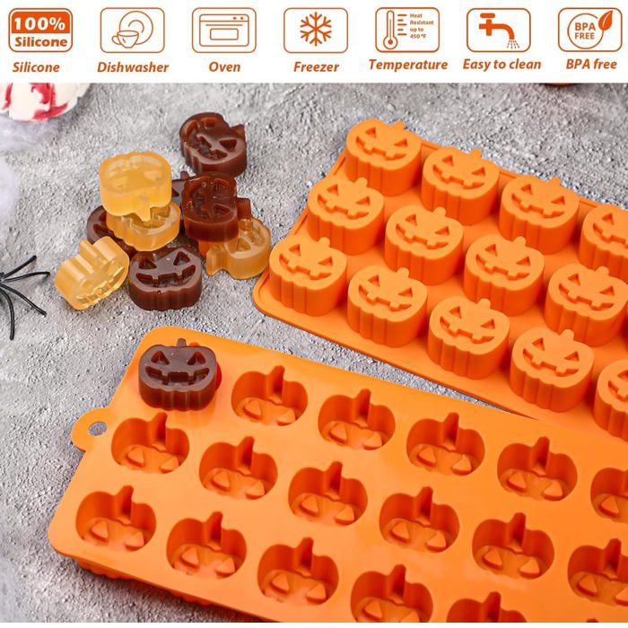Kit Moule à Chocolat Halloween En Silicone - 3 Moules + 3 Compte-gouttes, Motifs Fantôme, Citrouille, Chauve-souris, Etc., Silicone Alimentaire