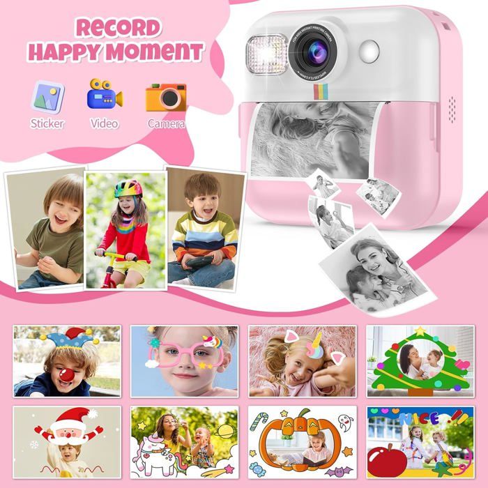 Appareil Photo Instantané Enfant Cadeau Jouet Fille Garçon 3-12 Ans, AWANFI Caméra Numérique Vidéo 1080P Carte 32GB avec 3 Rouleaux de Papier et Impression APP Bluetooth