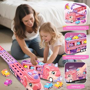 Camion Transporteur Avec Piste De Course Éjectable Et 8 Mini Voitures - Jouet Portable Enfants 3-6