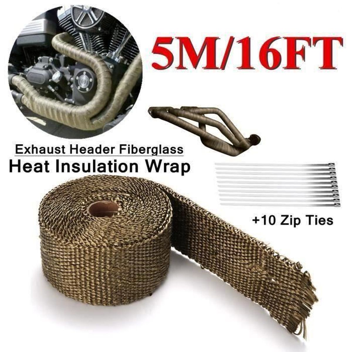 15M*50mm Ruban Isolant Thermique En Titanium Magma + 15 Attaches De Câble En Acier Inoxydable De