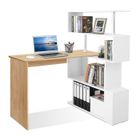 Bureau informatique avec étagère de 4 niveaux contemporaine - multi-rangements, Blanc&Naturel - MONDEER