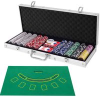 COSTWAY Mallette de Poker - 500 Jetons - 2 Jeux de Cartes - 5 Dés - 3 Boutons - Etui en Aluminium