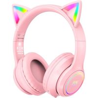 Casque audio enfant bluetooth sans fil rose pour avec micro, lumière Flash, oreilles de chat mignonnes, casque de musique stéréo