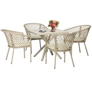 Ensemble table et chaise de jardin Ensemble salle à manger de jardin 4 places 5 pièces métal résine tressée beige