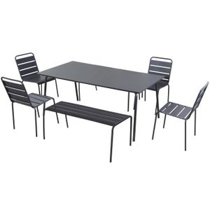 Ensemble table et chaise de jardin Salon de jardin en métal - Palavas - Gris - 180 x 90 x 72 cm - 2 bancs et 4 chaises