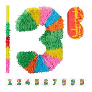 Piñata 3 tlg. Pinata Set Geburtstag, Zahl 3, Pinatastab mit Augenmaske, Kinder & Erwachsene, Piñata zum selbst Befüllen, bunt