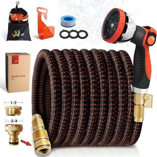 Enrouleur Tuyau Arrosage Tuyau Arrosage Extensible VOUNOT 15m - 10 Modes Pulvérisation Anti-Fuite Avec Accessoires Tuyau Latex Polyester