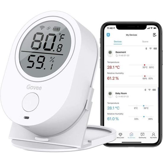 Govee Thermomètre Hygromètre Intérieur Numérique WiFi, Capteur d'Humidité sans Fil Capteur d'Humidité Smart Humidity Guage avec Aler