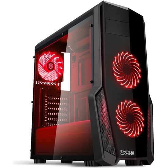 EMPIRE GAMING - Boitier PC Gamer WareFare Noir - 3 Ventilateurs LED Rouge 120 mm - Paroi teintée transparente