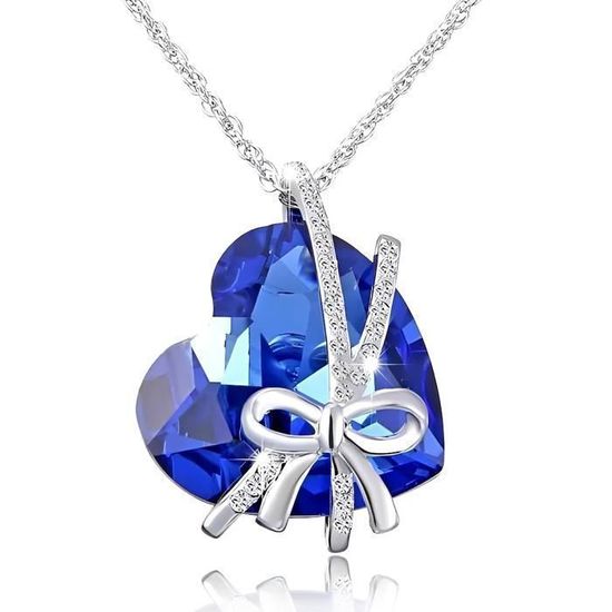 Boucles D'oreilles Puces Femme - Coeur Avec Cristal Autrichien Bleu - Monture Plaqué Or Blanc - Neuf Avec étiquettes