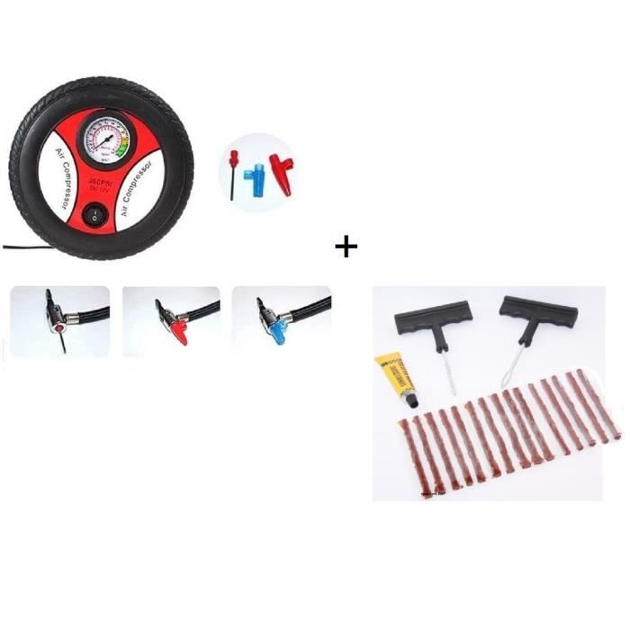 COMPRESSEUR D'AIR 12V + EMBOUT GONFLEUR AUTO VELO MOTO BALLON+ KIT REPARATION PNEU TUBELESS+15 MECHES NEUF