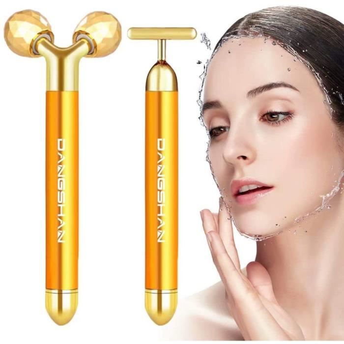 2-EN-1 Beauty Bar 24k Golden Pulse Massage Facial Visage Massager, 3D Roller Électrique Sonic Energy et T Shape Visage Masseur Arm E