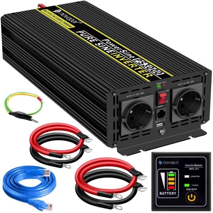 novopal Convertisseur Pur Sinus 3000W-DC 12V à AC 230V Onduleur-2 Prise Française de Courant Alternatif 1 Port USB-télécommande I