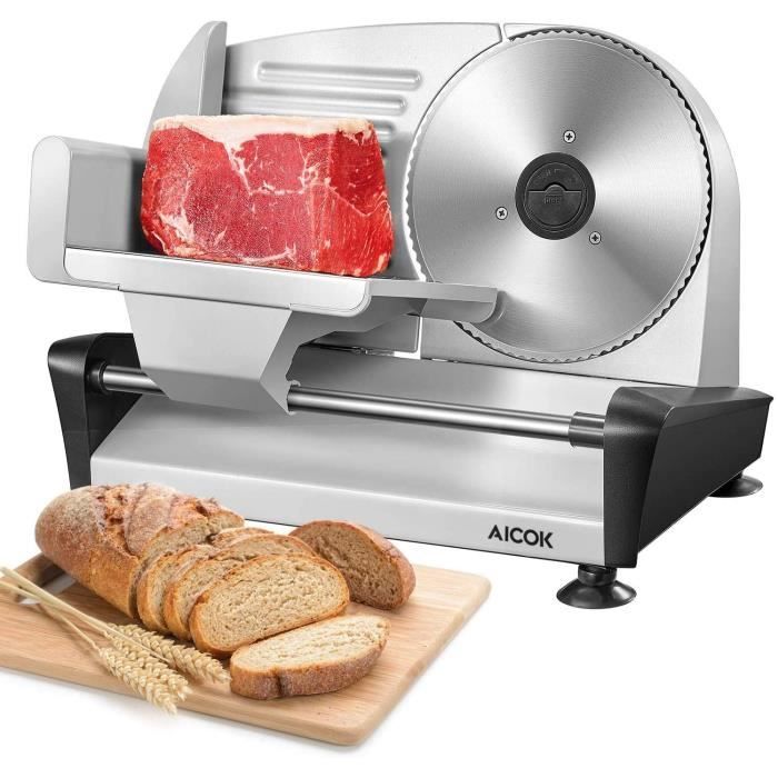 Trancheuse Électrique, AICOK Trancheuse à Jambon avec Epaisseur Réglage de 0-15mm, Lame Dentelée en Acier Inoxydable pour Saucissons