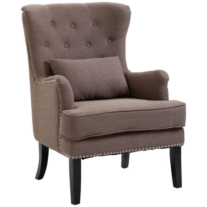 Fauteuil Chesterfield Vintage grand confort dossier assise capitonné avec boutons coussin inclus lin taupe 89x73x105cm Taupe