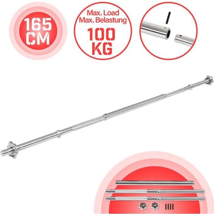 Physionics® Barre d'Haltère Longue - 165 cm, Ø 25 mm, Acier Chromé, 2 Fermoirs, Poignées Antidérapantes - Barre de Musculation