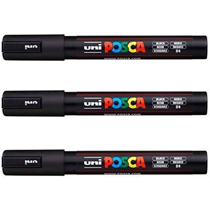 Uni POSCA - 3 Marqueurs Noirs PC5M - Pointe Conique Moyenne - Marqueur Peinture Base Eau - Tout Support - Pour Papier Textile Verre