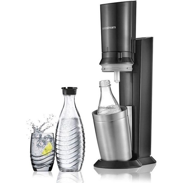 sodastream Pack Spécial Machine Crystal en Alu brossé Gris/Noir + 2 Carafes en Verre de 0.6L réutilisables à l`infini pour