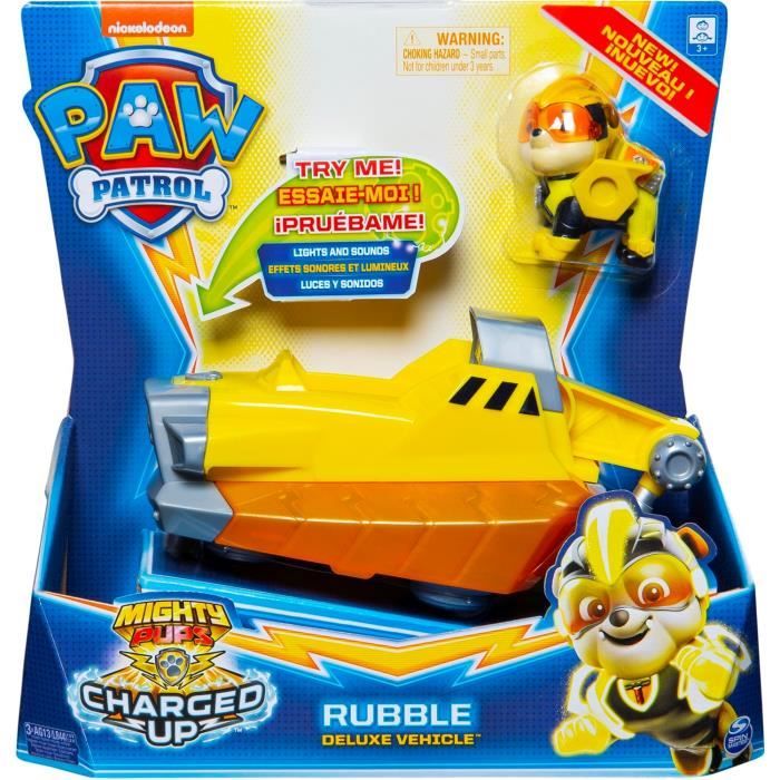 Paw Patrol Véhicule + Figurine Mighty Pups Charged Up - La Pat' Patrouille - Rubble