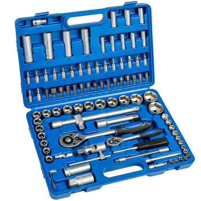 TECTAKE Boite à Outils 94 Pièces (Clés à Cliquet + Douilles) en Acier Chrome Vanadium Bleu