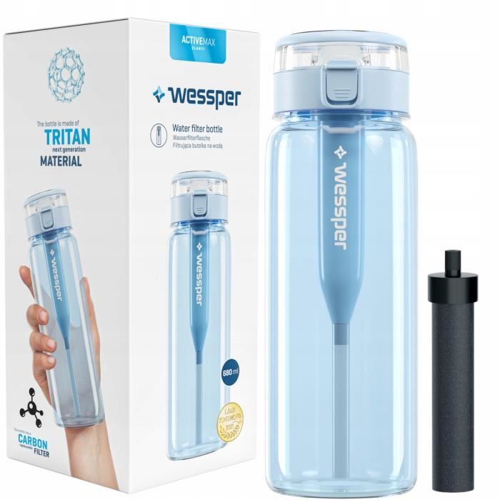 Gourde Wessper ActiveMax Clarti, Bouteille filtrant l'eau, en tritan, sans BPA, flacon avec embout 680ml, bleu + 1 filtre