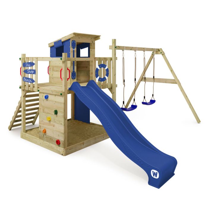 WICKEY Aire de jeux Portique bois Smart Camp avec balançoire et toboggan bleu Cabane enfant extérieure avec bac à sable