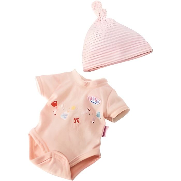 Vetements Baby Born 43 cm Body imprime et bonnet raye pour poupon (Ref.ZA01)