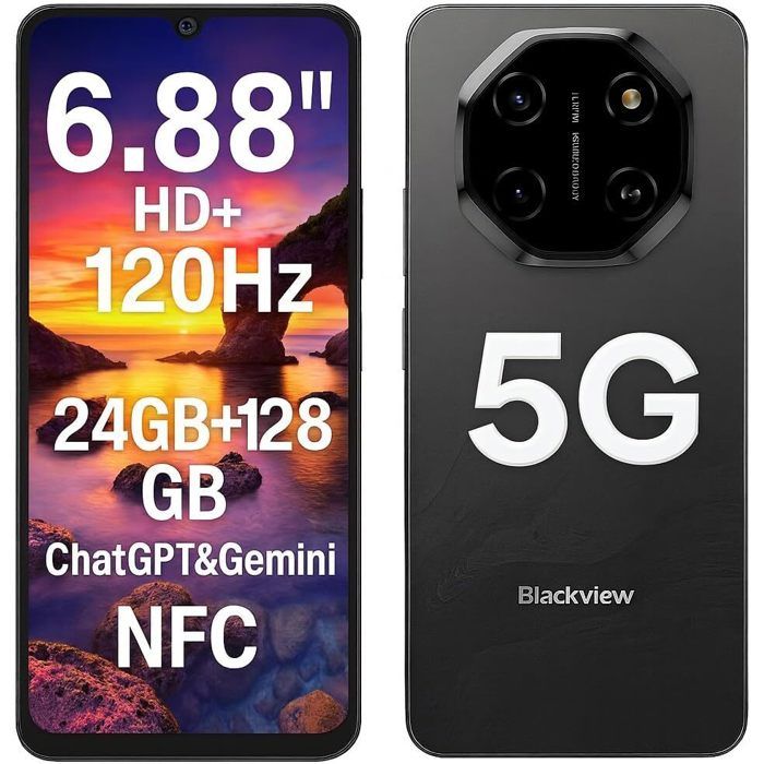 BLACKVIEW  Smartphone Shark 6 5G24GO(8+16)+128GOAndroid 15 T&eacute;l&eacute;phone Portable6.88 HD+120Hz16MP+8MP5000mAhDouble SIMNFCNoir 